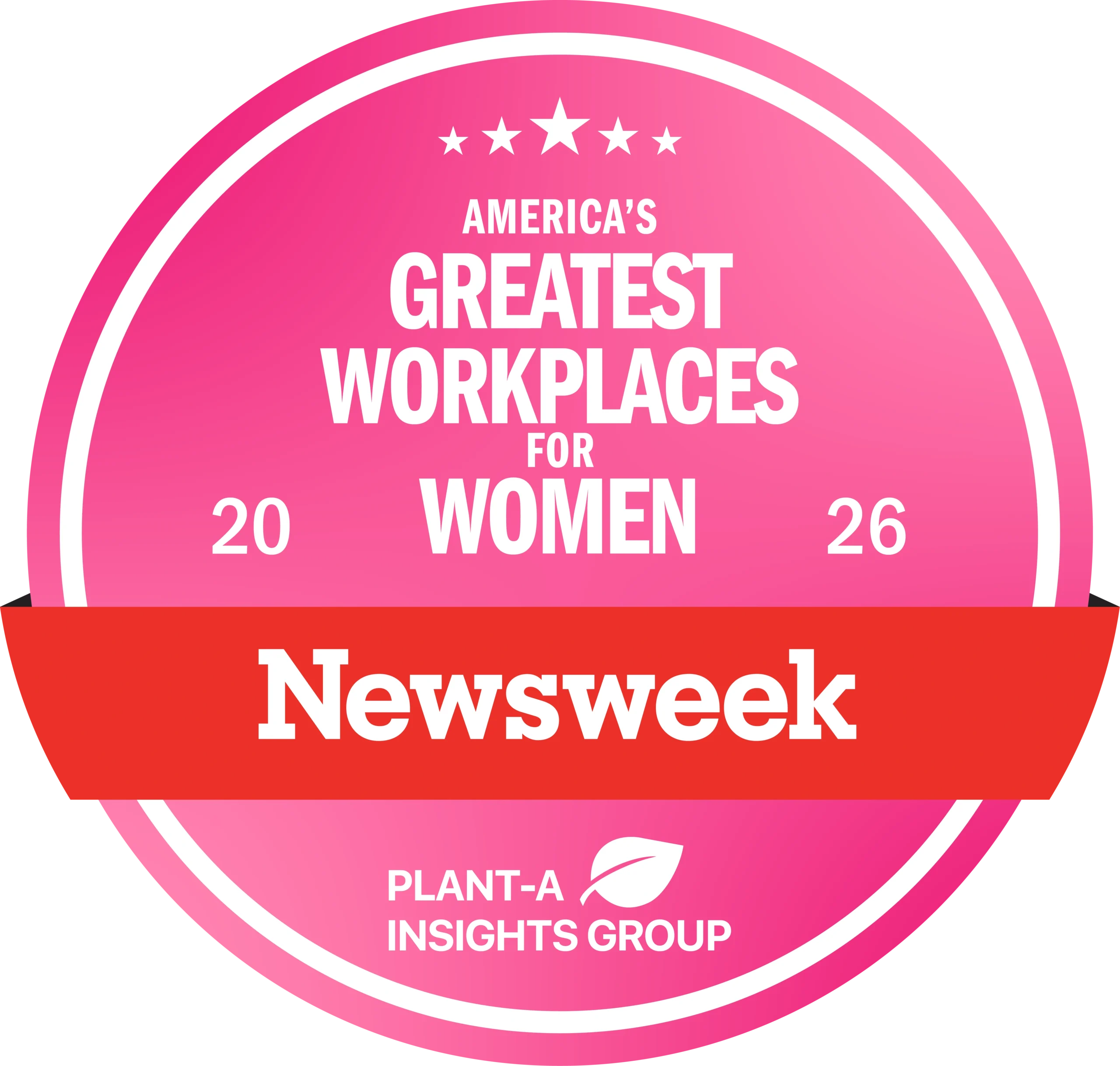 Pink circular badge reading "America's Greatest Workplaces for Women 2026, Newsweek, Plant-A Insights Group."